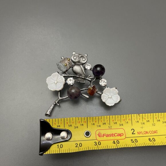 Owl On A Branch Brooch Natural Stone Flower Hijab Pin Costume Jewellery - Picture 6 of 9